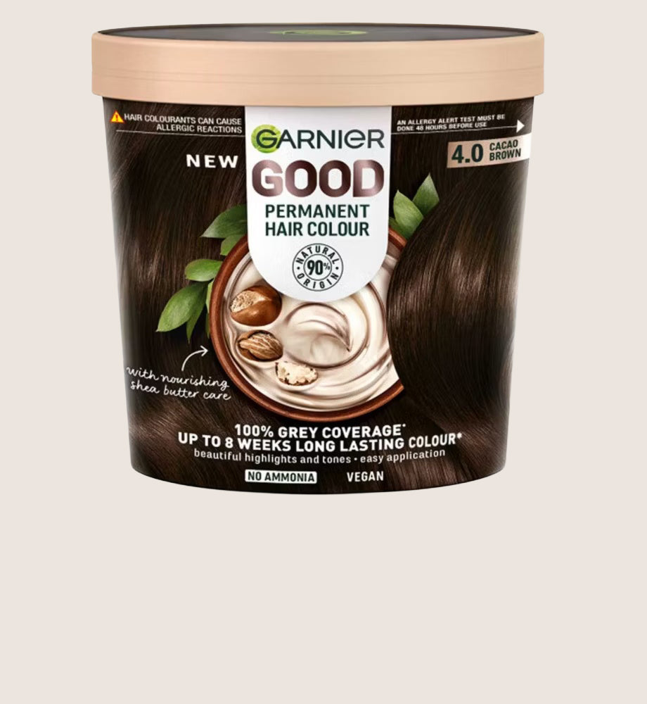 Garnier GOOD Permanent Hair Dye (Shade: 4.0 Cacao Brown) for vibrant, long-lasting colour