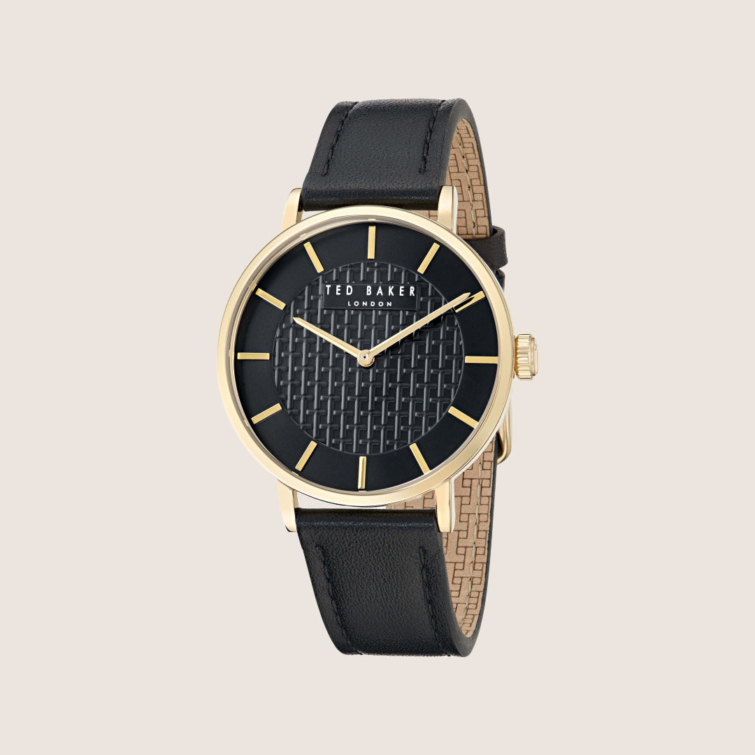 Ted Baker Mens Timeless Black Dial Gold Case Leather Strap Watch BKPSGF501