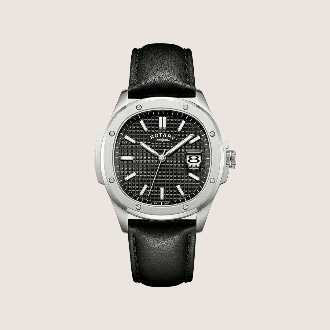 Rotary Mens Apex 100 Black Dial Square Black Leather Gold Case Watch GS05575-04
