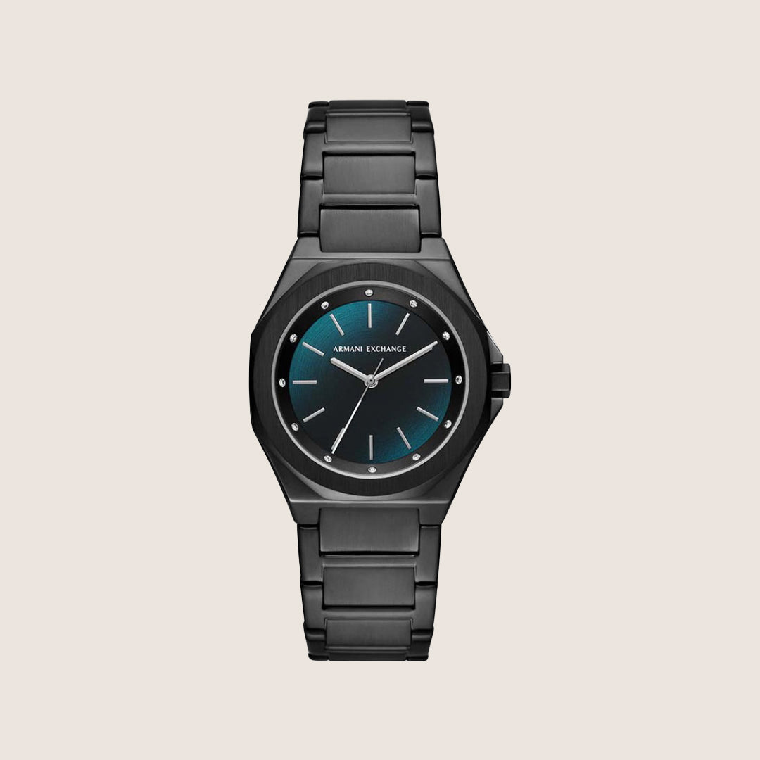 Armani Exchange Women's Dress Watch Black Bracelet Green Octagon Dial AX4609