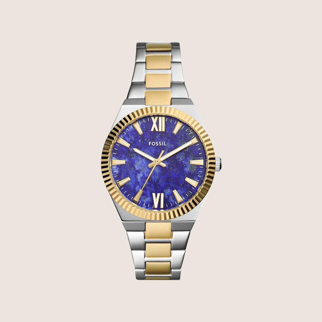 Fossil Women's Scarlette Two-Tone Blue Dial Bracelet Analogue Watch ES5332
