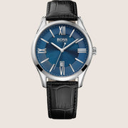 BOSS Men's Blue Dial Black Leather Strap Quartz Watch 1513386
