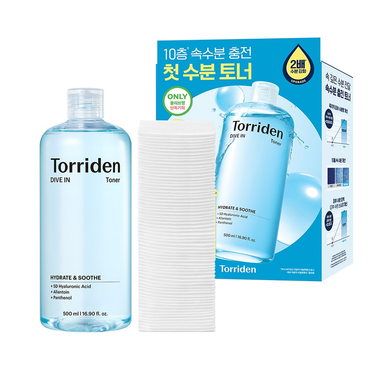 [SET][Upgraded] Torriden Dive In Low Molecular Hyaluronic Acid Toner 500ml (+Stretchable Cotton Pad 60P)