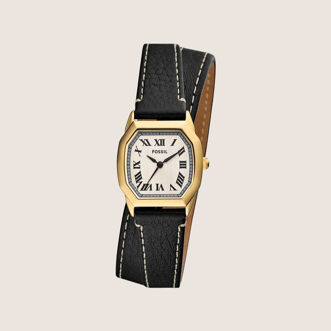 Fossil Women's Harlow Gold Octagon Beige Dial Black Leather Strap Analogue Watch ES5404