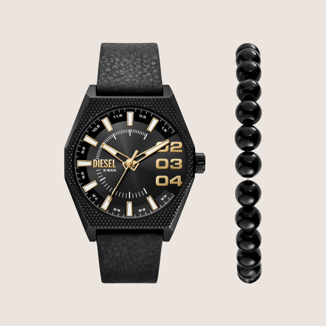 Diesel Mens Scraper Analogue Black Dial Black Leather Strap Watch & Bracelet Gift Set DZ2210SET