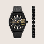 Diesel Mens Scraper Analogue Black Dial Black Leather Strap Watch & Bracelet Gift Set DZ2210SET