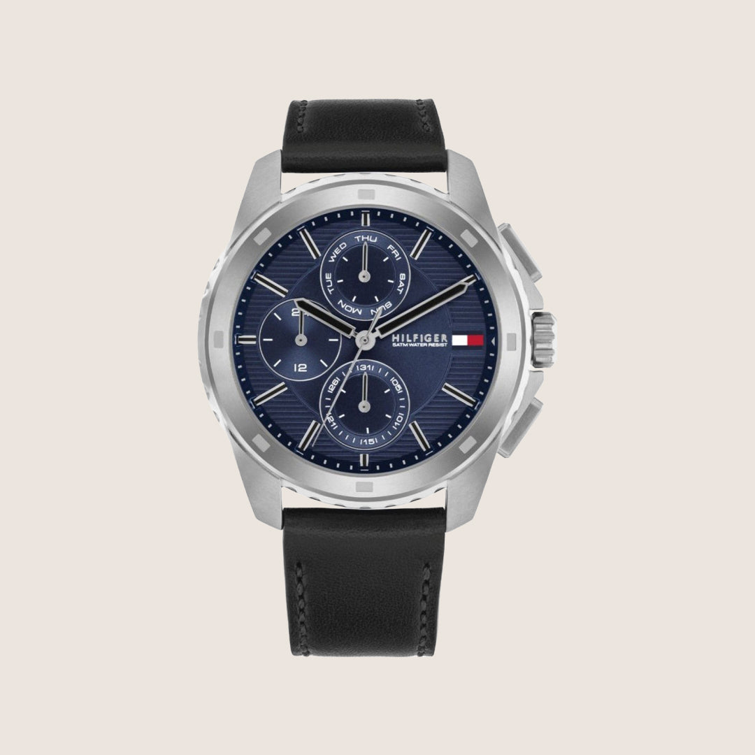 Tommy Hilfiger Men's Watch Blue Dial Black Leather Strap 1710619