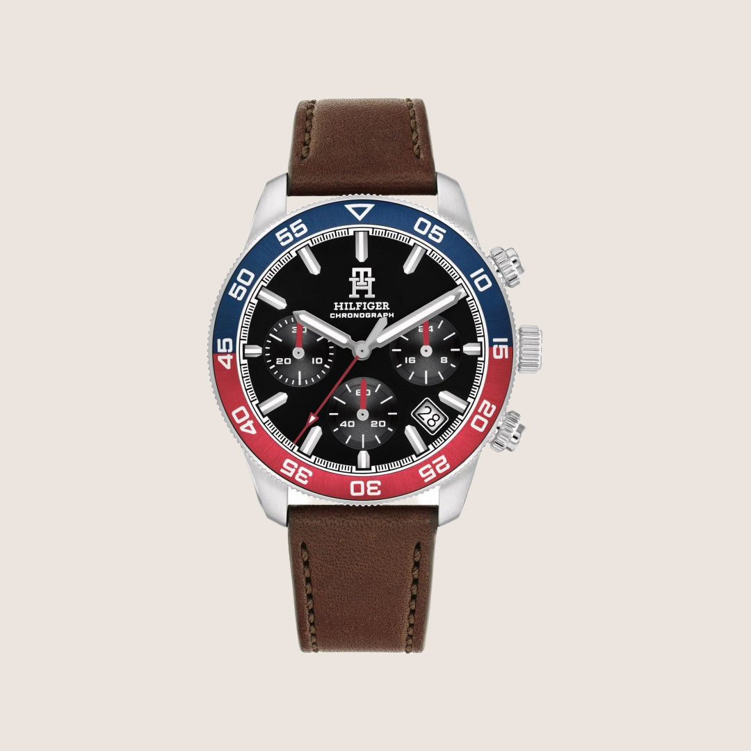 Tommy Hilfiger Men's Watch Black Chronograph Dial Brown Leather Strap 1792166