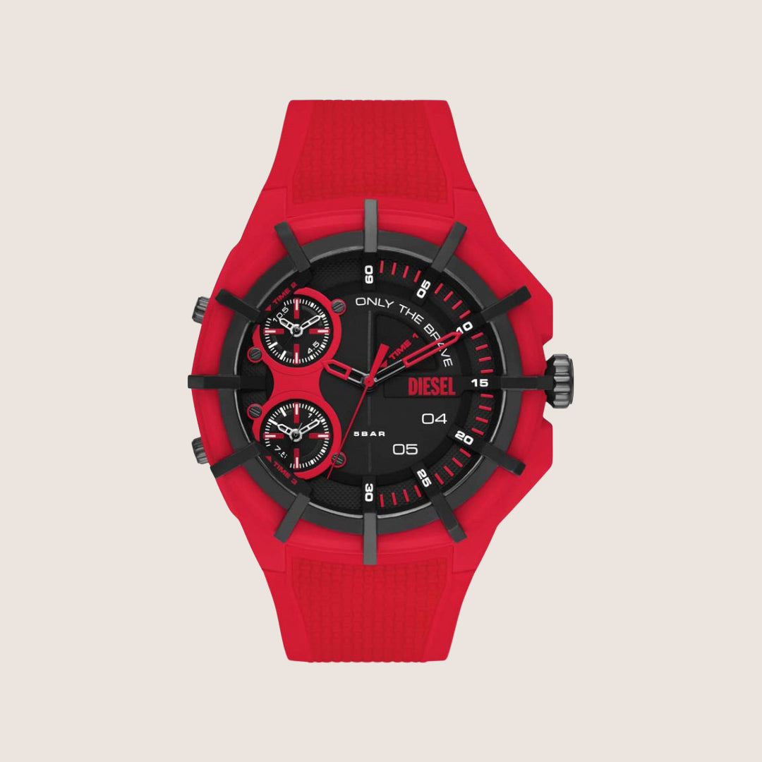 Diesel Mens Framed Analogue Black Dial Red Silicone Strap Watch DZ1989