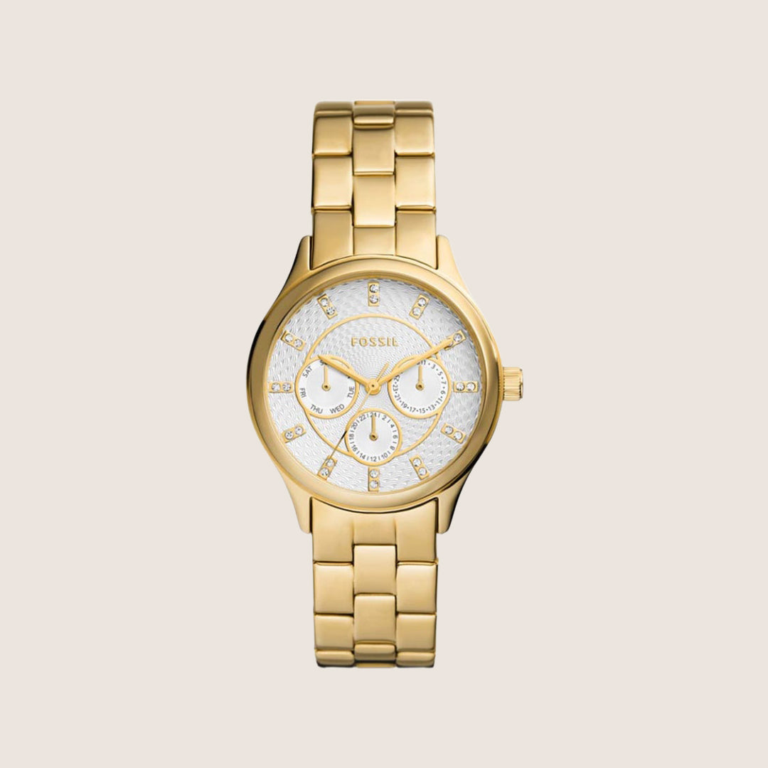 Fossil Women's Modern Sophisticate Gold Crystal Bracelet Day/Date Analogue Watch BQ3912