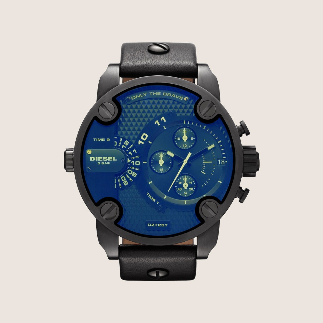 Diesel Mens Little Daddy Chronograph Multicolour Dial Black Leather Strap Watch DZ7257
