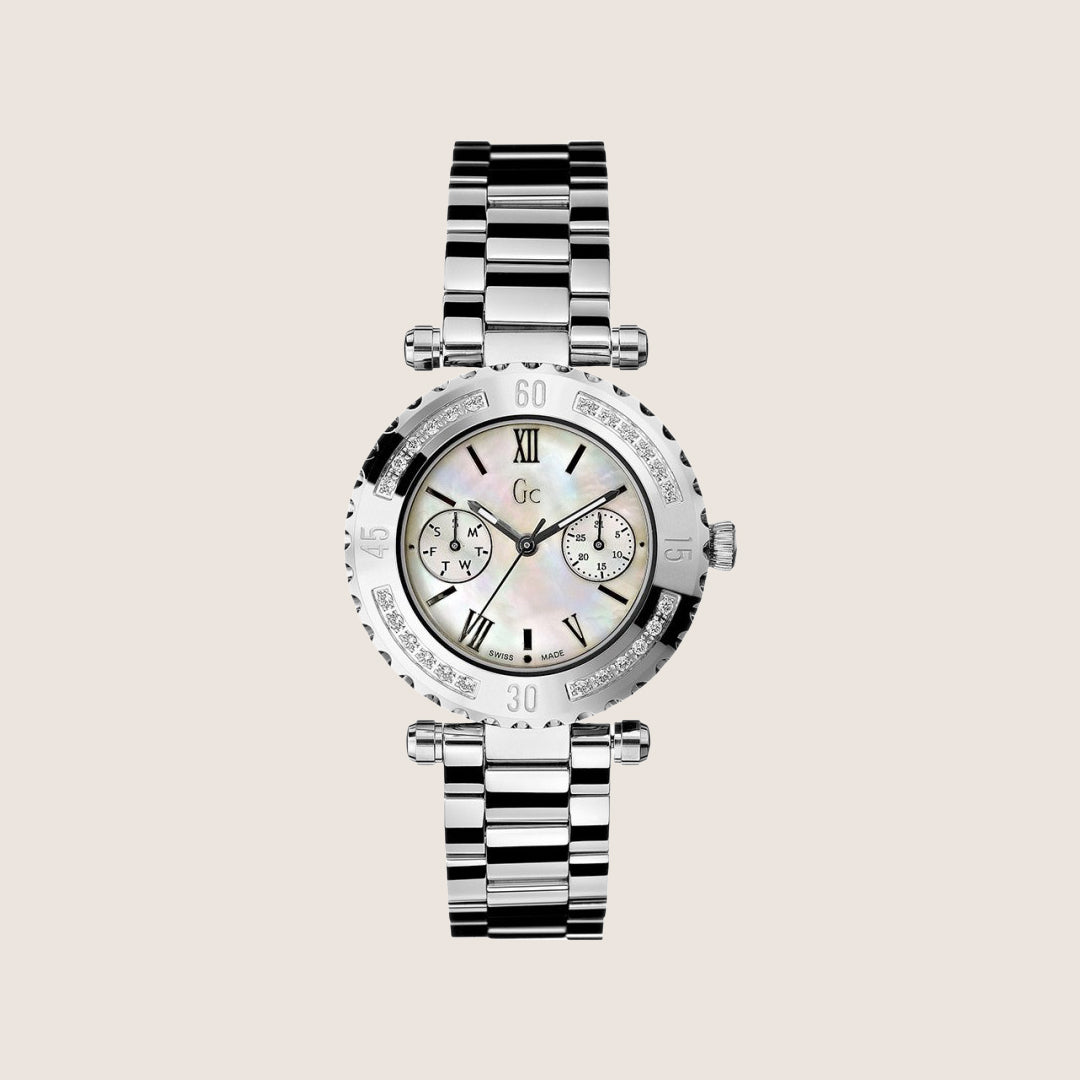 GC Ladies Silver Bracelet Stone Set Day Date Mother Of Pearl Dial Swiss Watch X42107L1S