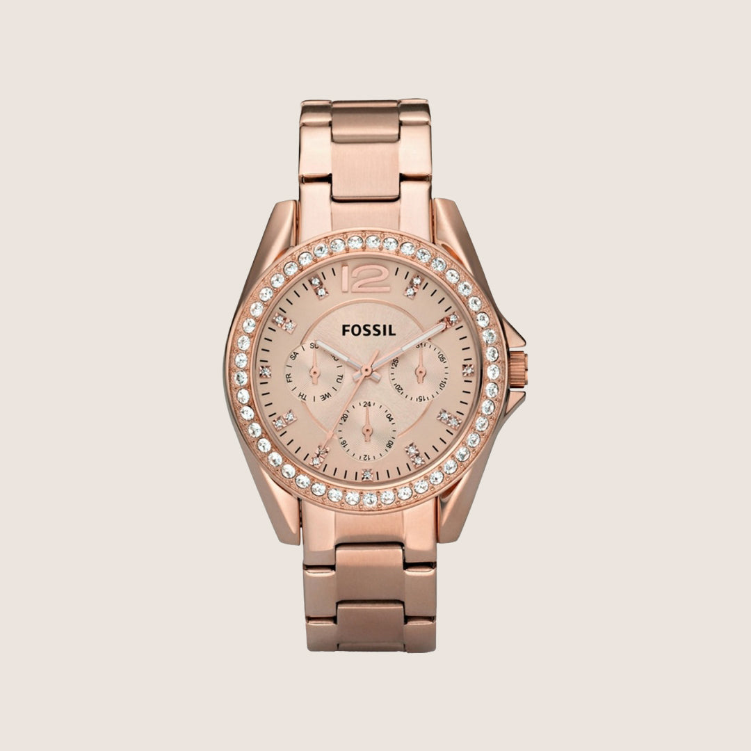 Fossil Women's Riley Rose Gold Crystal Bracelet Chronograph Watch ES2811