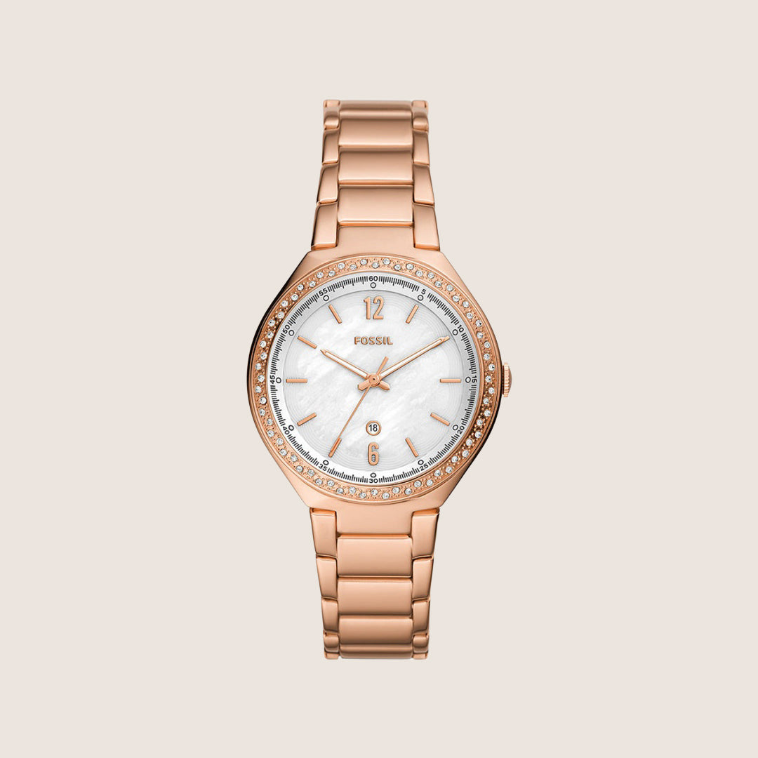 Fossil Women's Ashtyn Rose Gold Mother-of-Pearl Crystal Bracelet Date Watch BQ3841