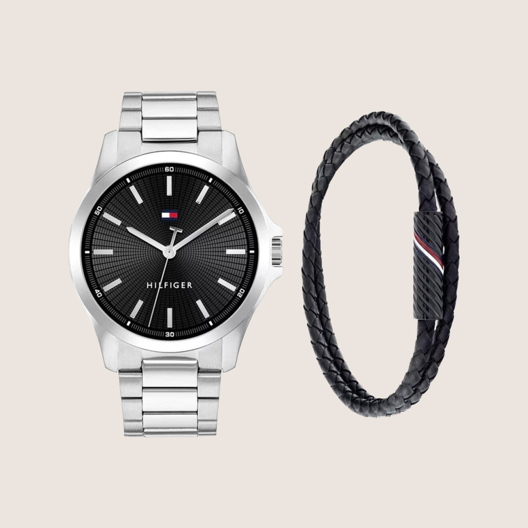 Tommy Hilfiger Men's Watch & Bracelet Gift Set Black Dial Silver Bracelet 2770191