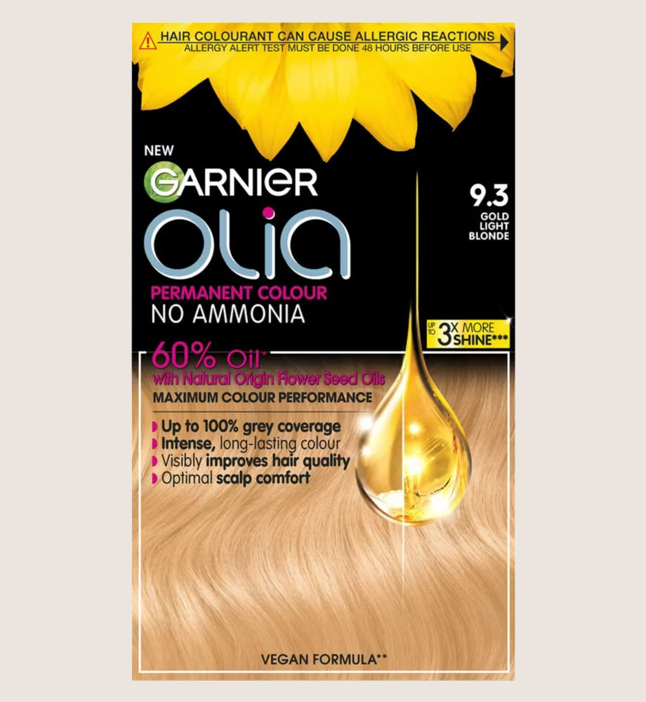 Garnier Olia 9.3 Gold Light Blonde: 100% Grey Coverage, No Ammonia, for radiant golden shine