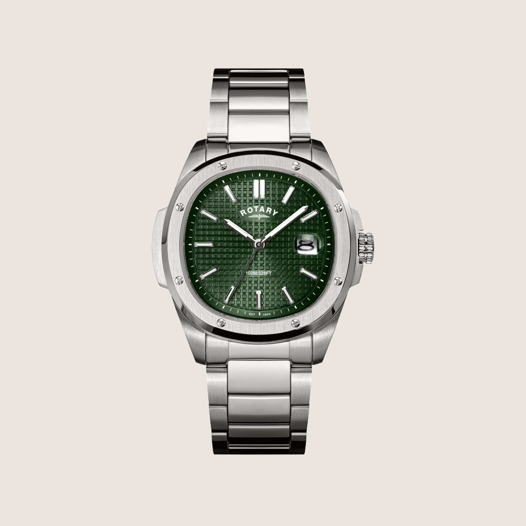 Rotary Mens Regent Green Dial Silver Stainless Steel Round Bracelet Watch GB05575-24