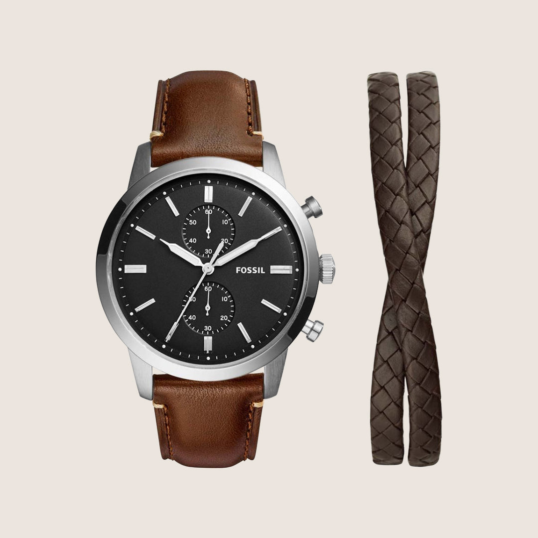 Fossil Mens Townsman Black Chronograph Watch and Bracelet Gift Set FS5967SET
