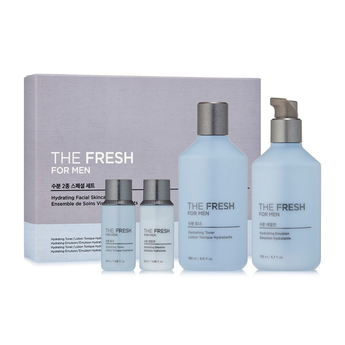 THE FACE SHOP The Fresh For Men Hydrating Facial Skincare Set (Toner 180ml+Emulsion 170ml+Toner 32ml+Emulsion 32ml)