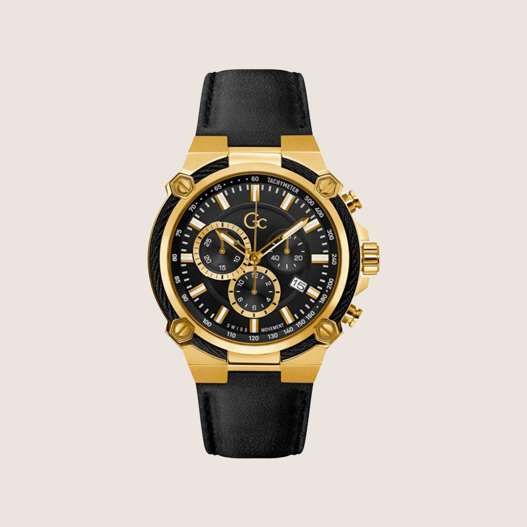 GC Men's Chronograph Black Dial Sapphire Crystal Gold Case Leather Watch Y24011G2MF