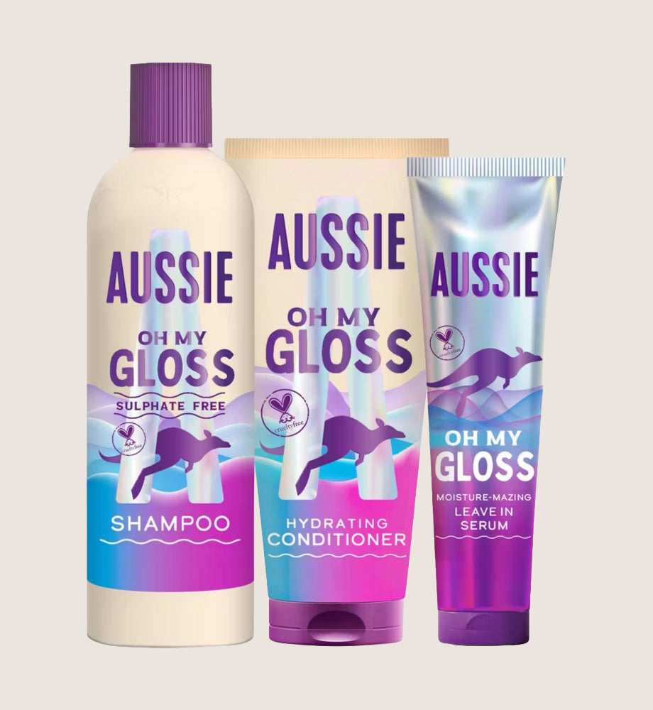 Aussie Oh My Gloss Moisturising Shampoo, Hair Conditioner and Leave in Treatment Bundle Volume Natural Cleanse & Nourish