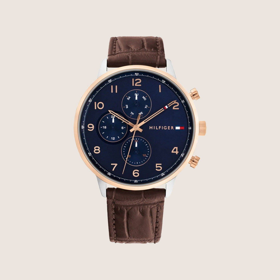 Tommy Hilfiger Men's Watch Blue Dial Brown Leather Two-Tone Case 1791987
