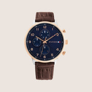 Tommy Hilfiger Men's Watch Blue Dial Brown Leather Two-Tone Case 1791987