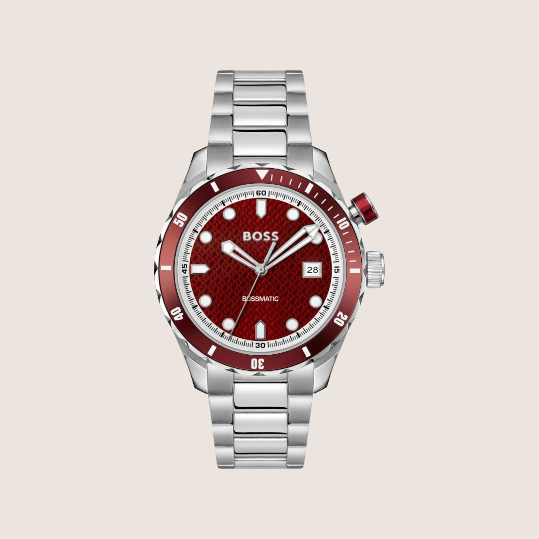 BOSS Men's Bossmatic Automatic Red Dial Silver Bracelet Watch 1514179