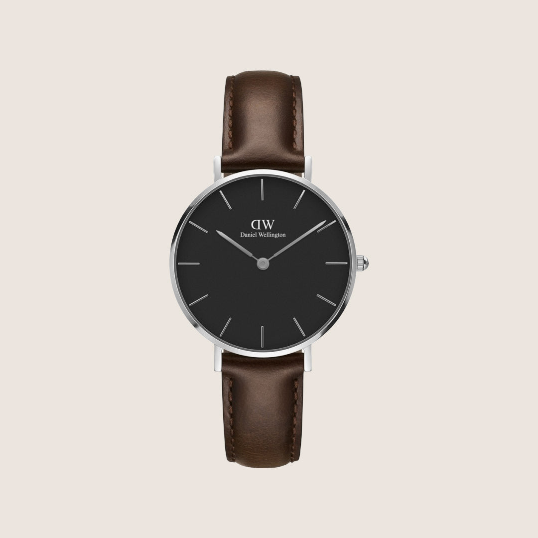 Daniel Wellington Women's Petite Black Bristol Silver Leather Black Dial Watch DW00100177