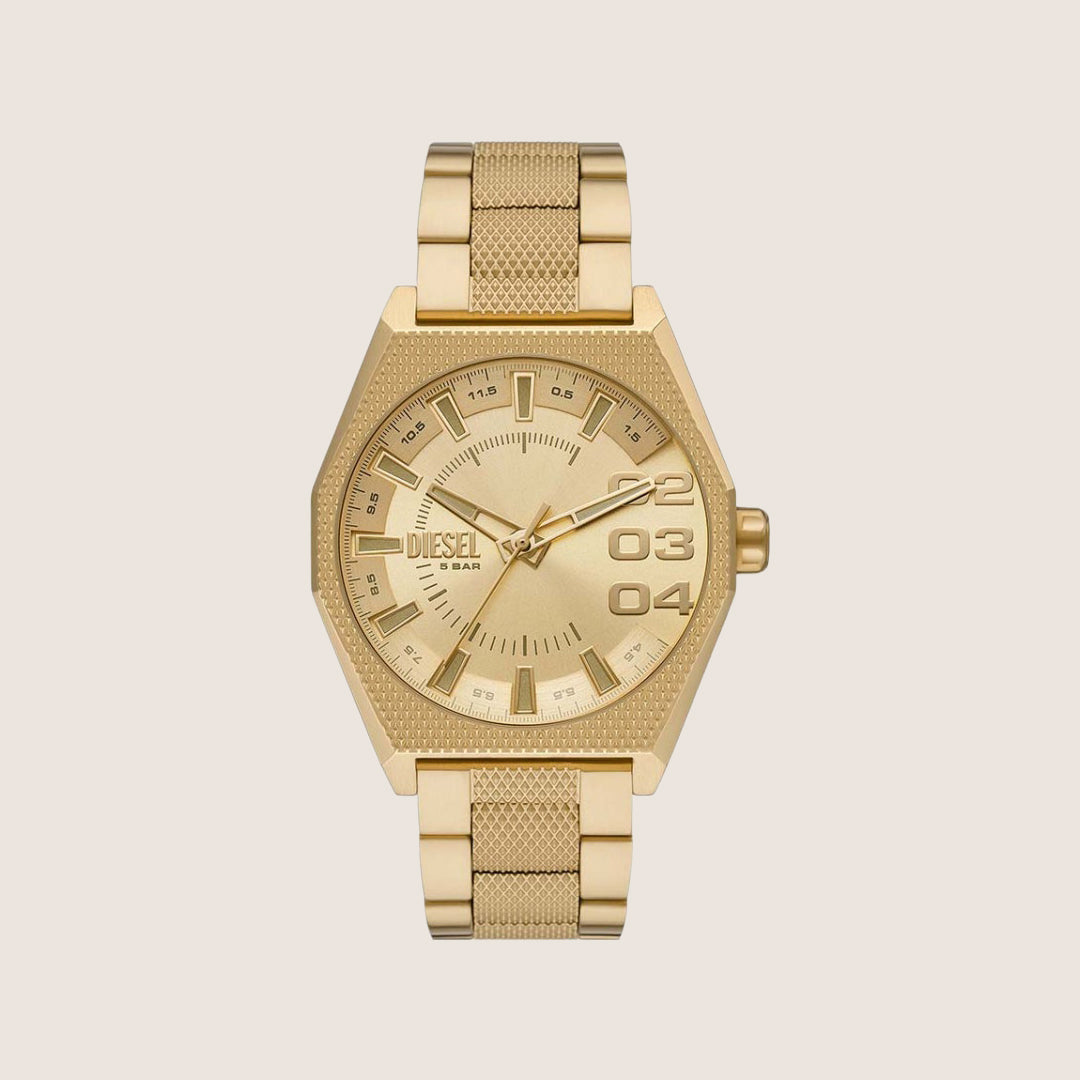 Diesel Mens Scraper Analogue Gold Dial Gold Steel Bracelet Watch DZ2173