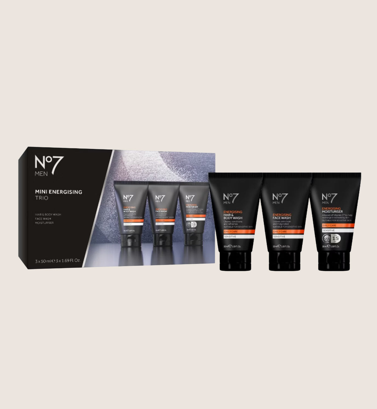 No7 Men Mini Face Trio Gift Set - Mini Hair & Body Wash, Face Wash & SPF15 Moisturiser