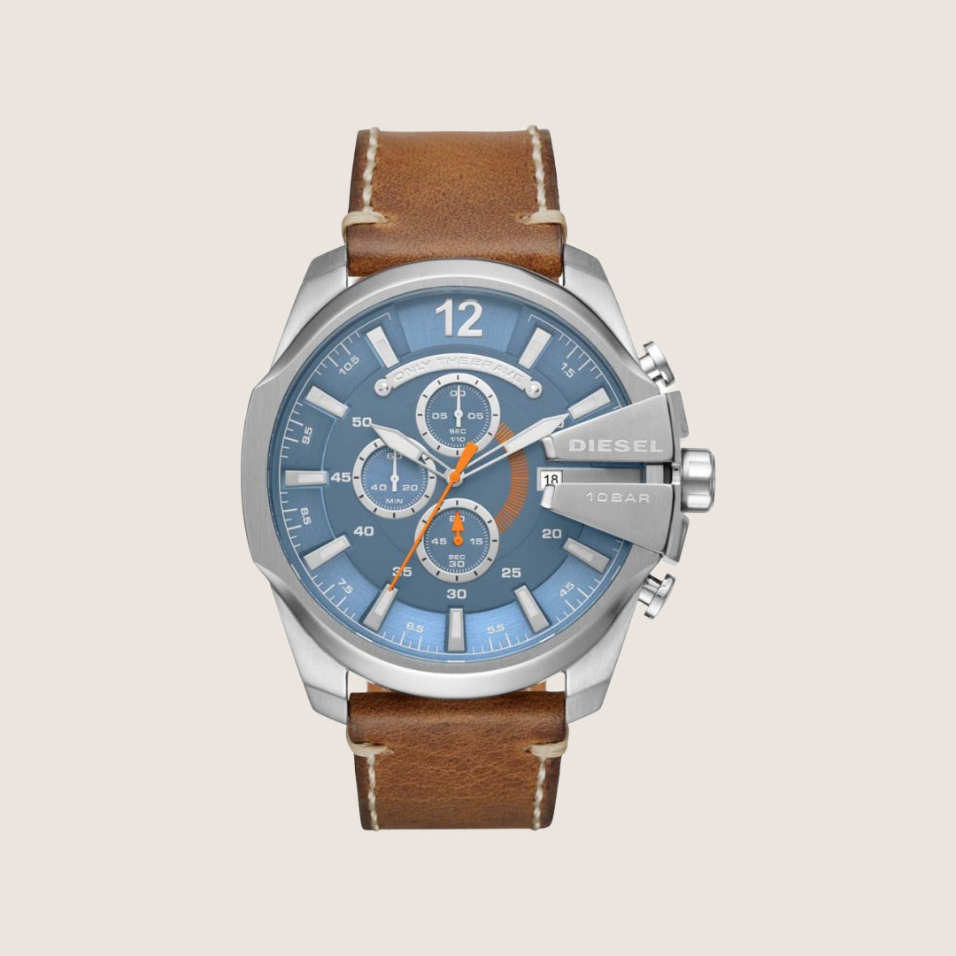 Diesel Mens Mega Chief Chronograph Blue Dial Brown Leather Strap Watch DZ4458