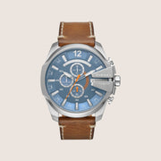 Diesel Mens Mega Chief Chronograph Blue Dial Brown Leather Strap Watch DZ4458