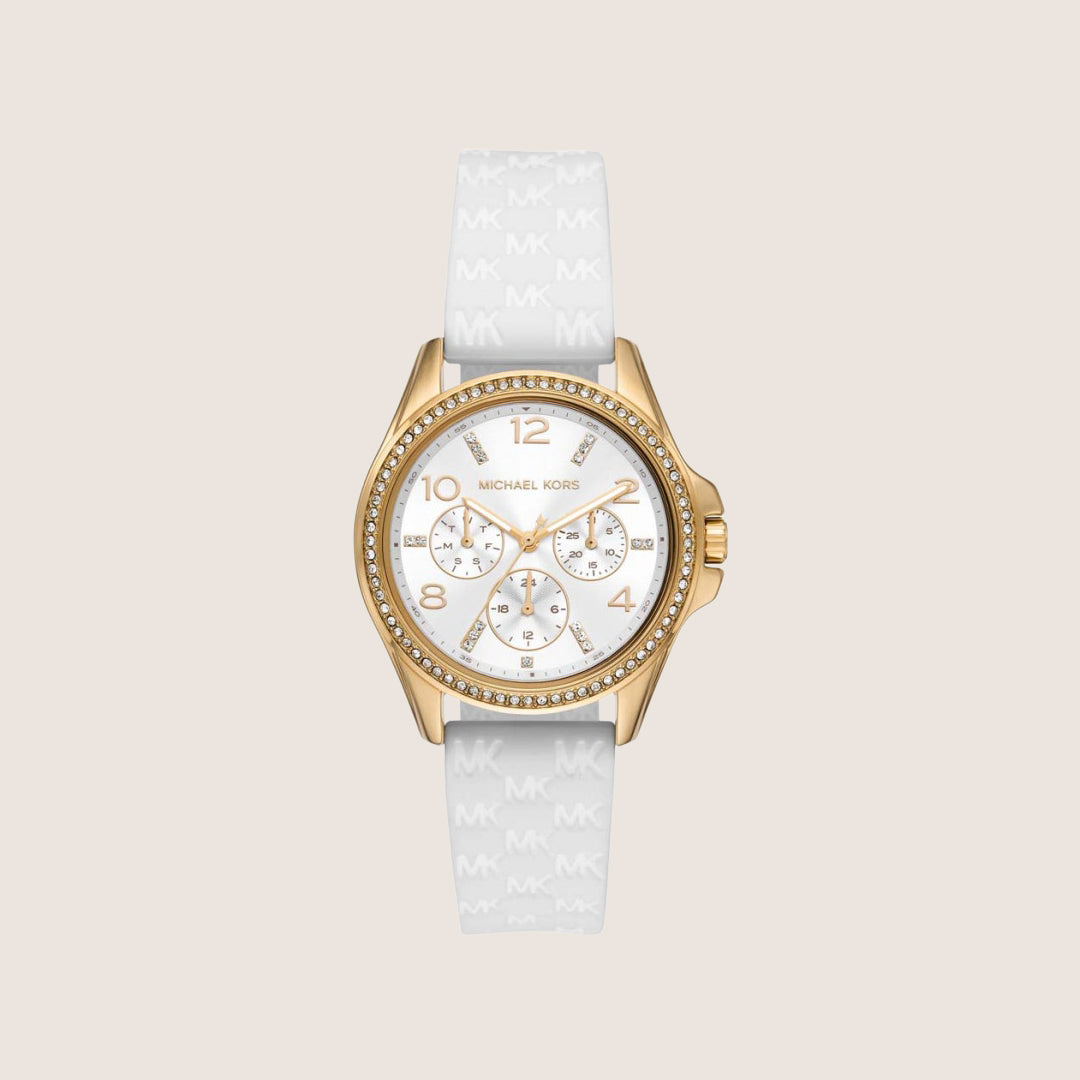 Michael Kors Women's Pilot Clear Stone-Set White Dial Watch MK7372