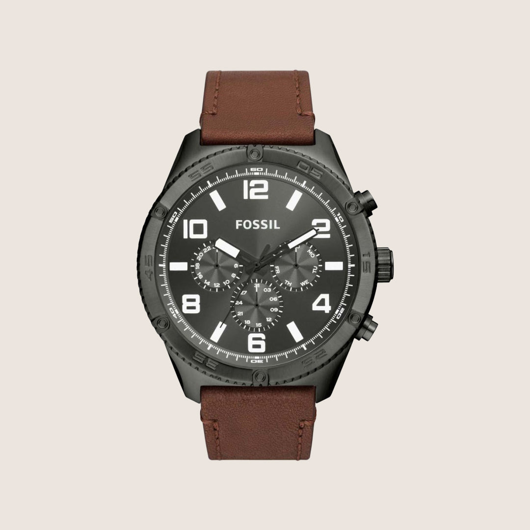 Fossil Mens Brox Gunmetal Dial Leather Watch BQ2800