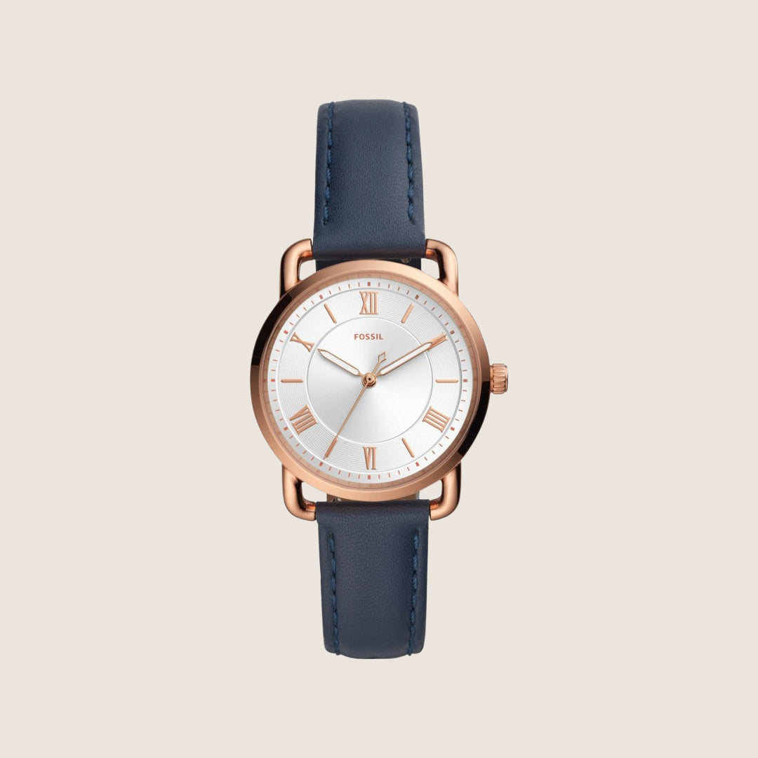 Fossil Women's Copeland Rose Gold White Dial Blue Leather Strap Analogue Watch ES4824