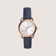Fossil Women's Copeland Rose Gold White Dial Blue Leather Strap Analogue Watch ES4824