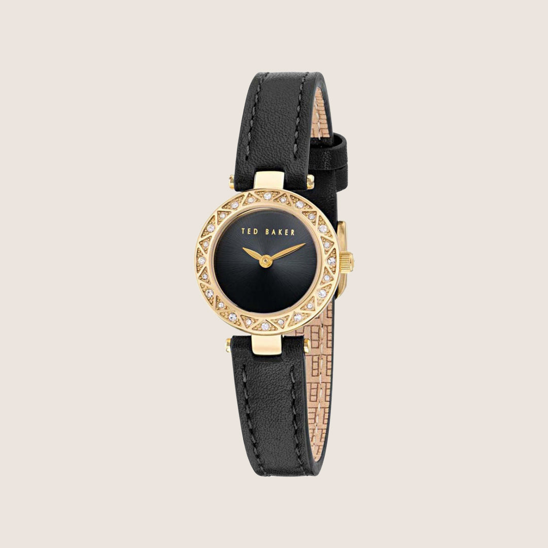 Ted Baker Ladies Jolyye Gold Black Leather Strap Watch BKPJLS502