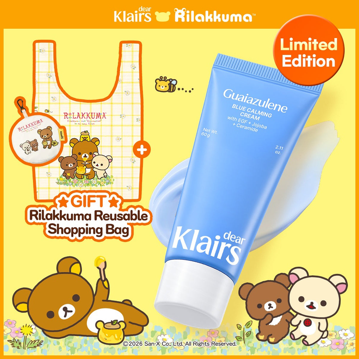 [RILAKKUMA EDITION] dear, klairs Blue Calming Cream 60g Set (+RILAKKUMA Yellow Tote Bag)