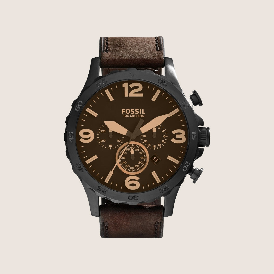 Fossil Mens Nate Brown Dial Leather Chronograph Watch JR1487
