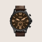 Fossil Mens Nate Brown Dial Leather Chronograph Watch JR1487