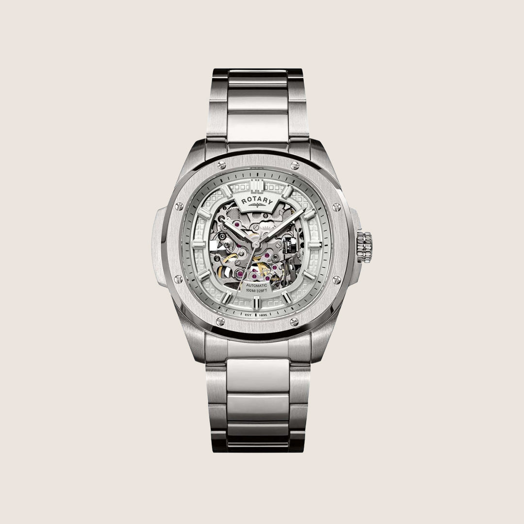 Rotary Mens Apex 100 Automatic Silver Dial Silver Bracelet Round Sport Watch RGB10079-06
