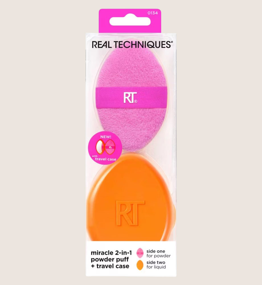 Real Techniques 2 In 1 Powder Puff & Case Set Dual-Ended