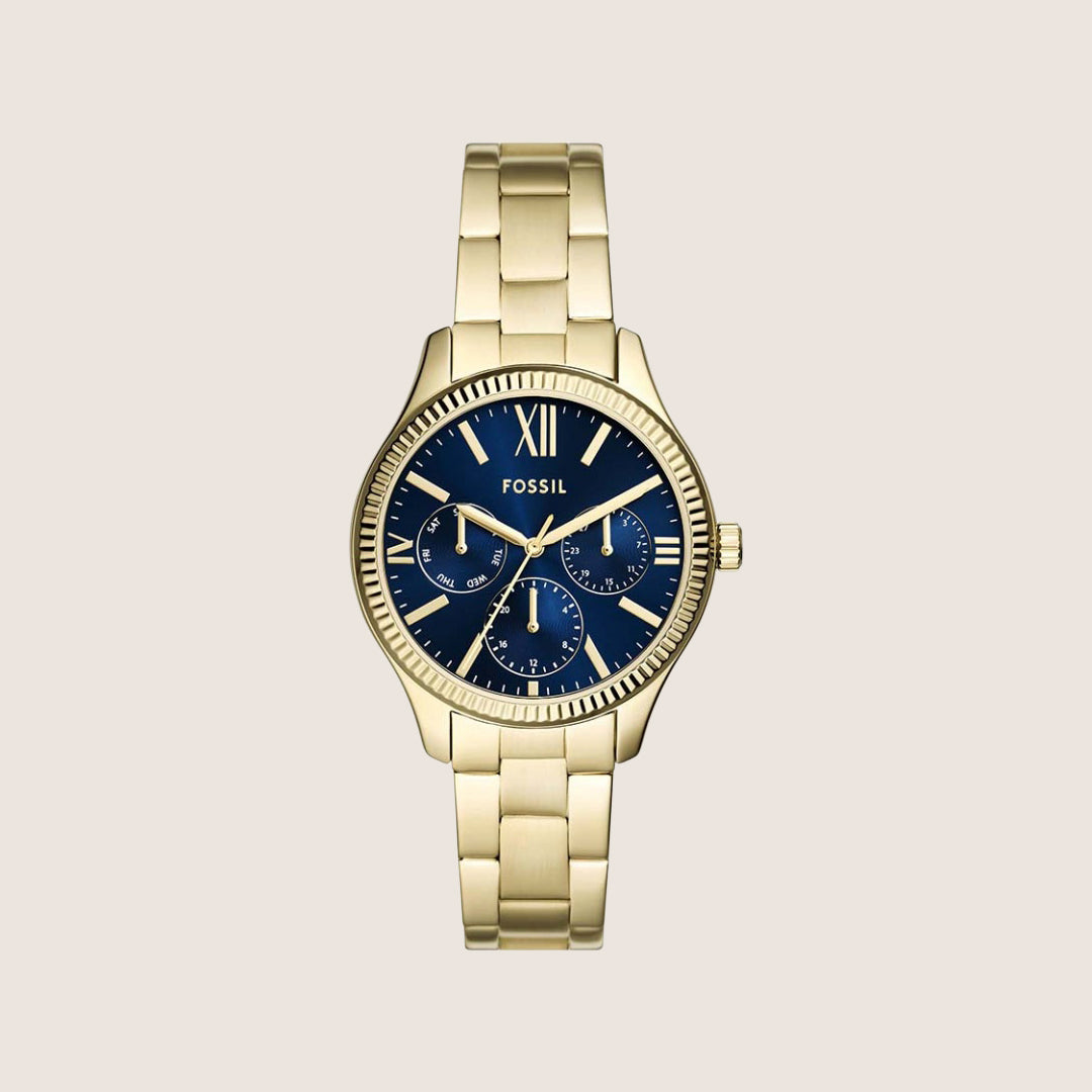 Fossil Women's Rye Gold Blue Dial Metal Bracelet Day/Date Analogue Watch BQ3964