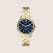 Fossil Women's Rye Gold Blue Dial Metal Bracelet Day/Date Analogue Watch BQ3964