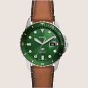 Fossil Men's Blue Dive Green Dial Brown Leather Watch FS5946