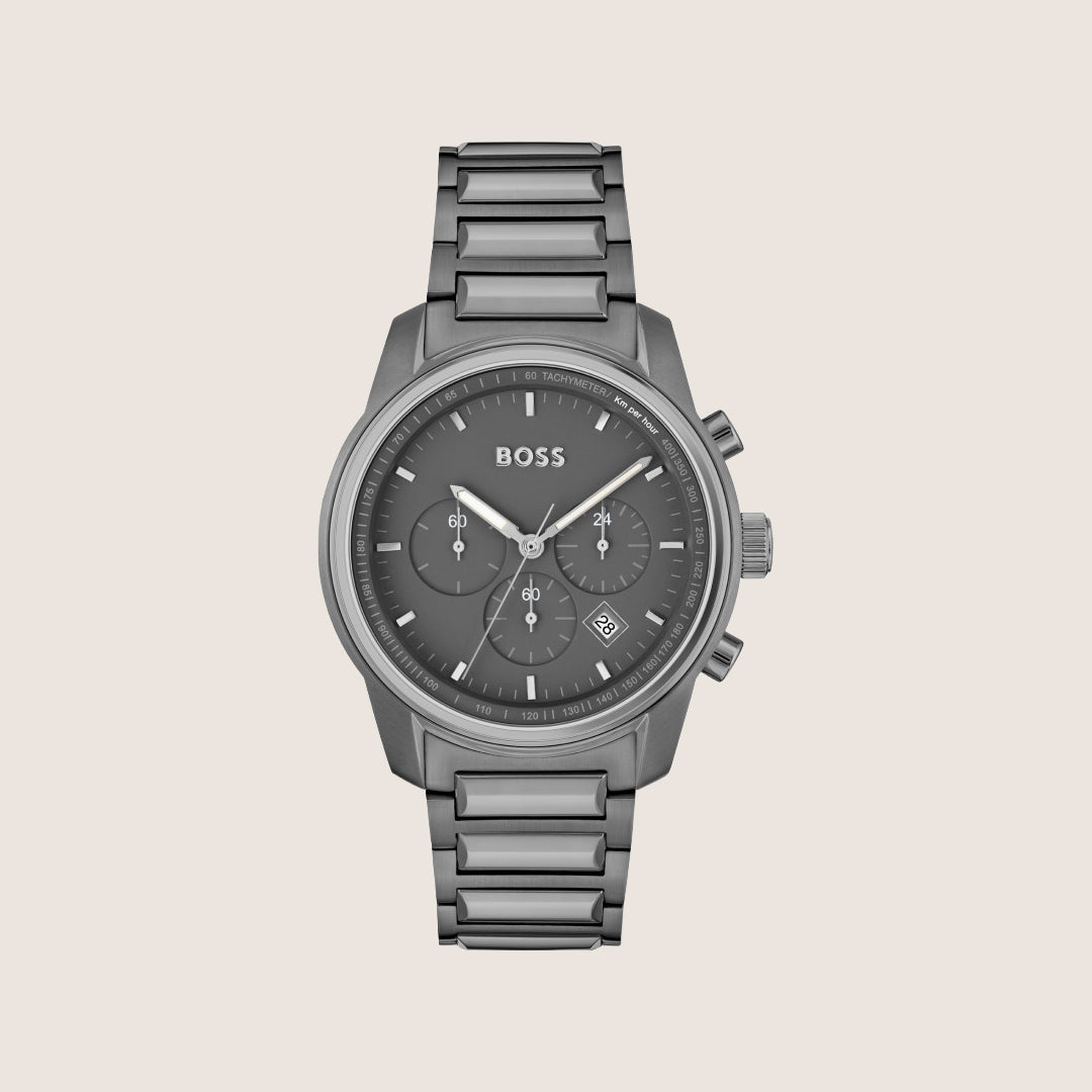 BOSS Men's Chronograph Gunmetal Dial Tachymeter Bracelet Watch 1514005
