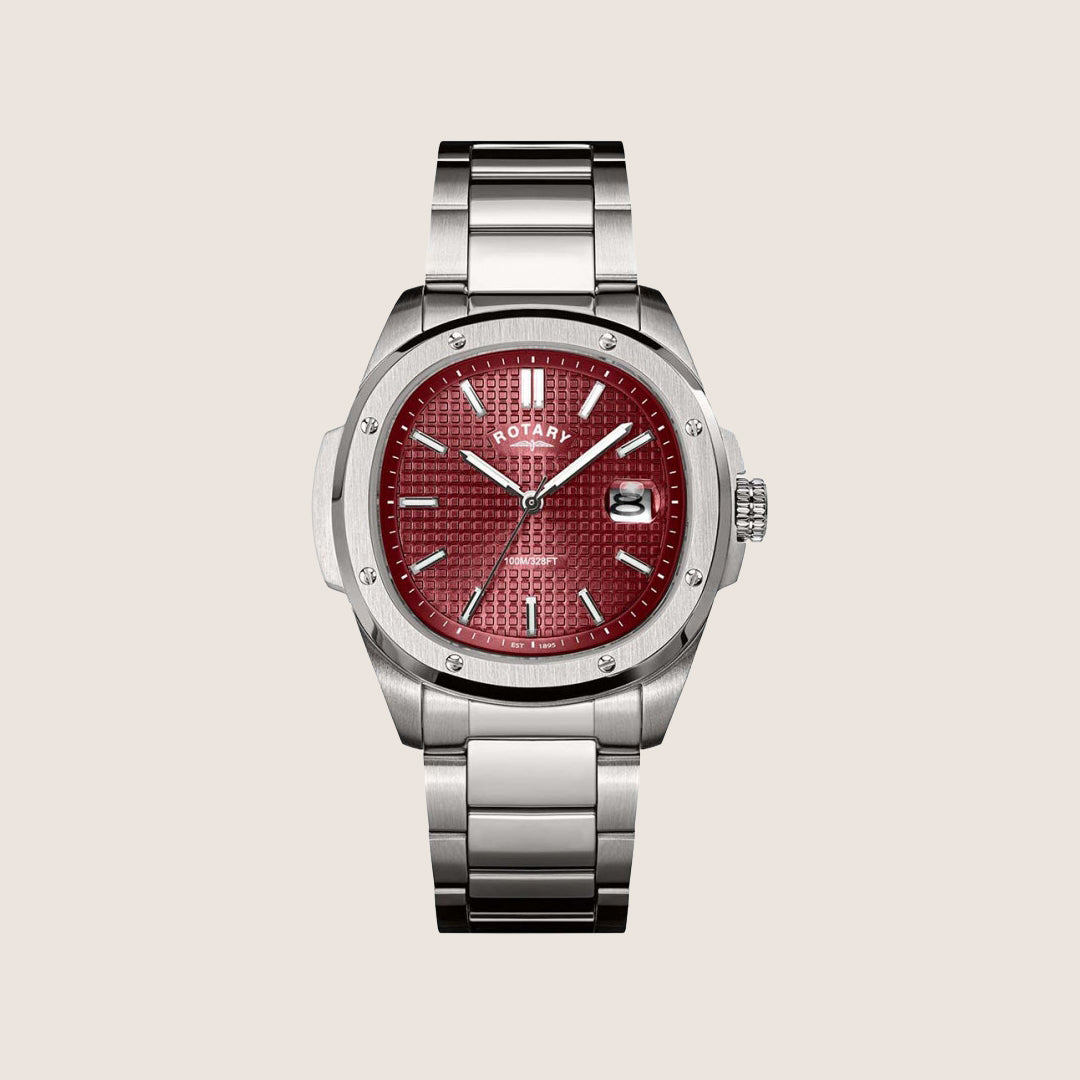 Rotary Mens Apex 100 Red Dial Silver Bracelet Bold Sport Watch RGB10077-17