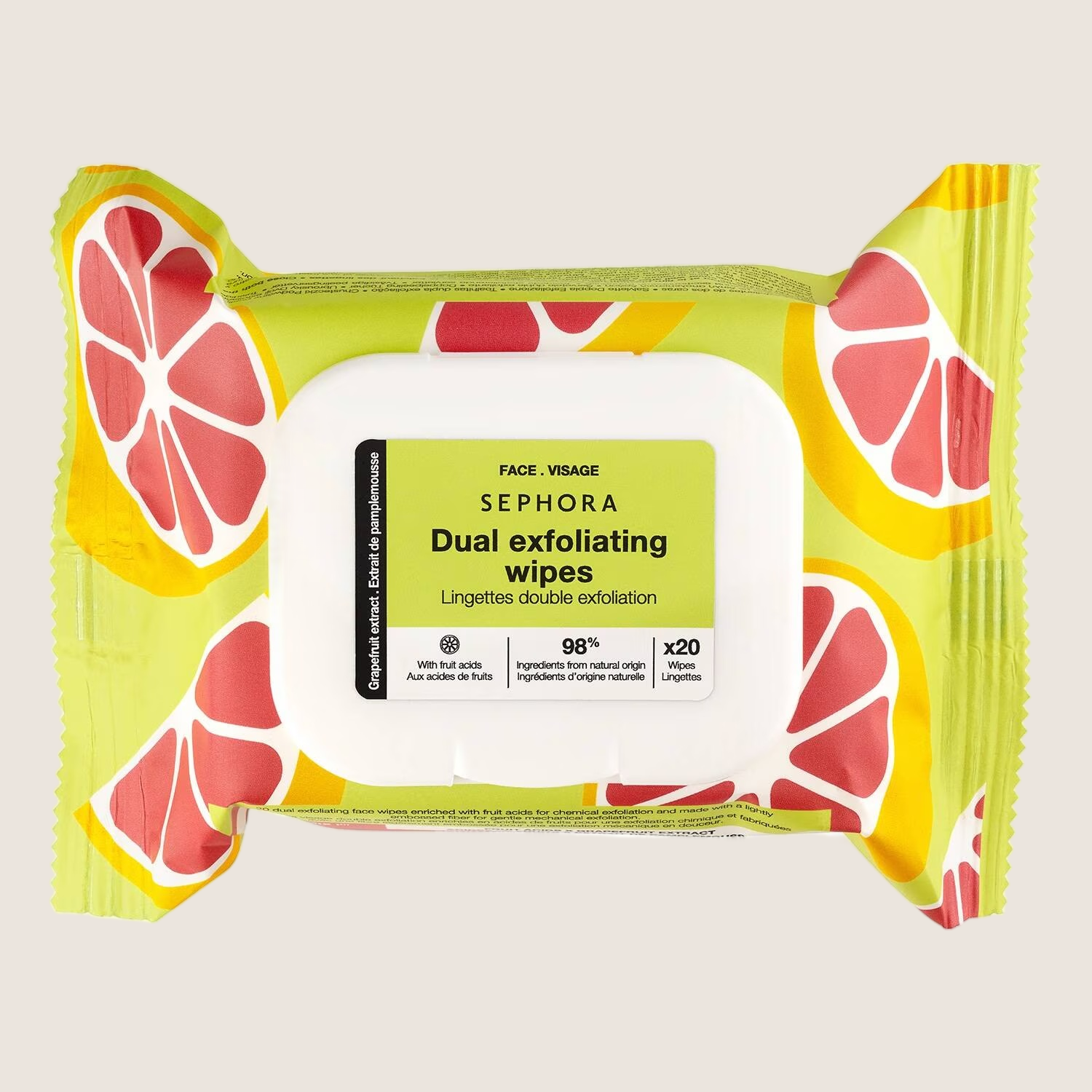 Sephora Collection Dual Exfoliating Wipes Grapefruit Extract + Fruit Acids x 20 Vegan Formula
