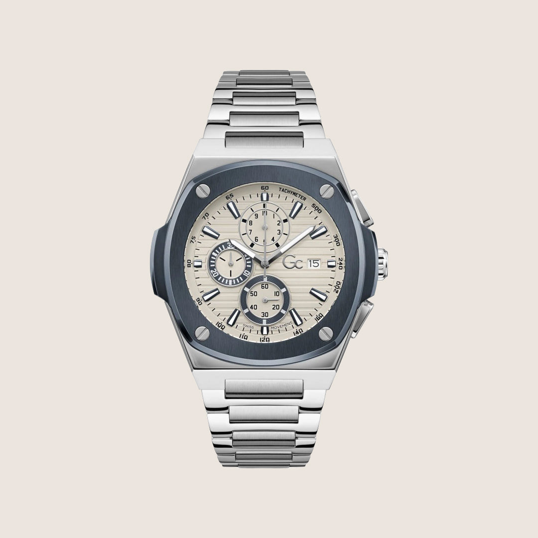 GC Men's Chronograph Beige Dial Silver Steel Bracelet Watch Y99023G1